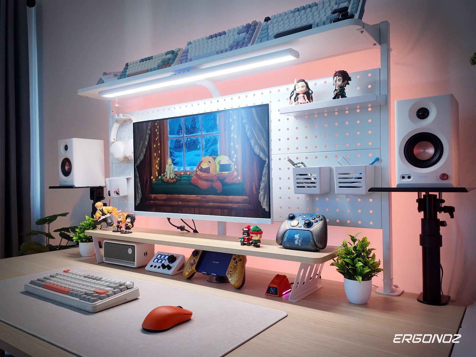 Ergonomically arranged desk setup with monitor at eye level