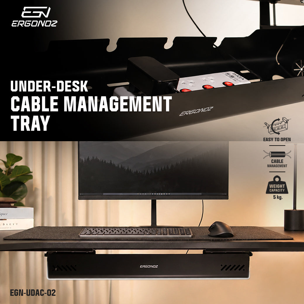 ERGONOZ UDAC-02 under-desk cable management tray, clamp-on, no drilling