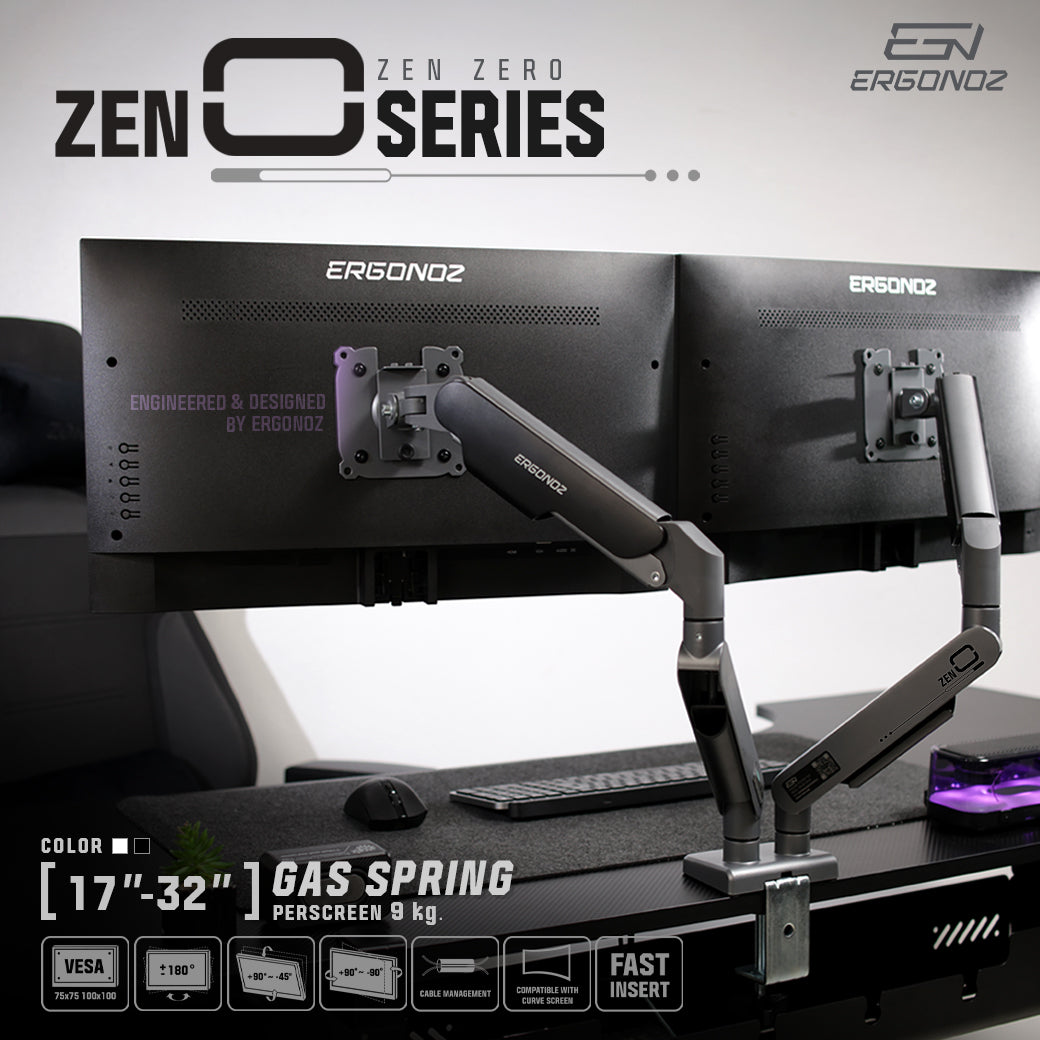 ERGONOZ ZEN-0 ZEN ZERO series dual monitor arm on a desk
