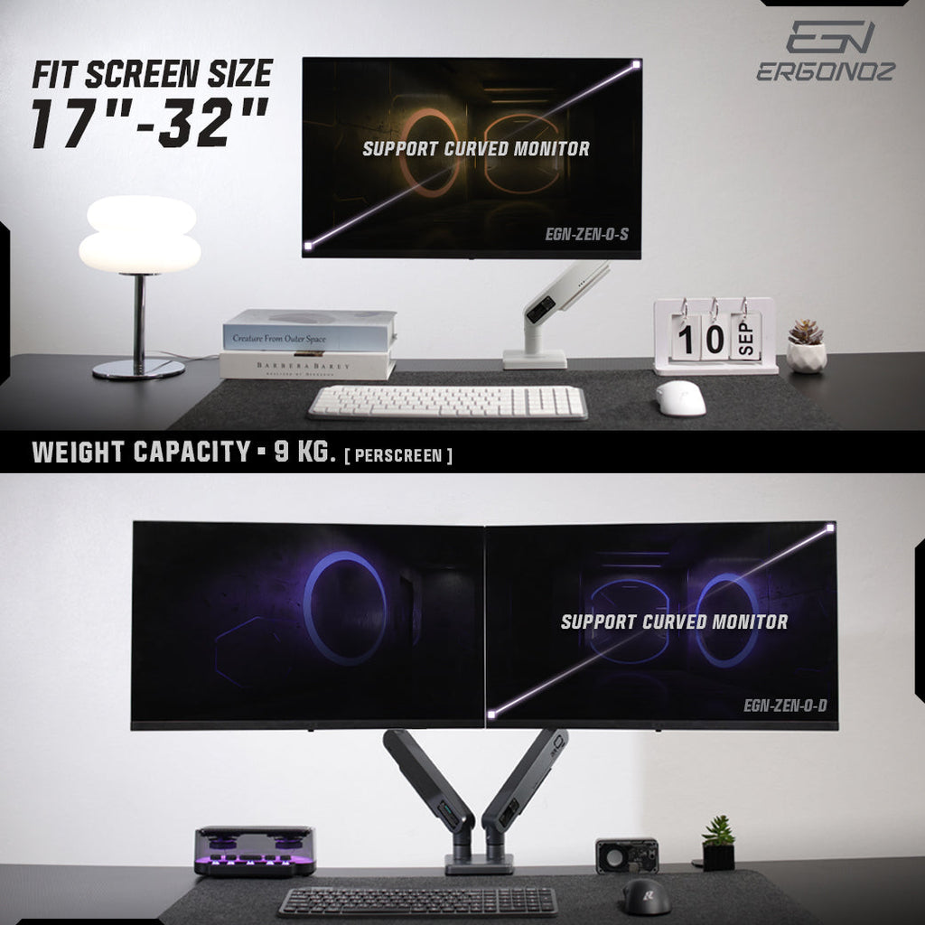 ERGONOZ ZEN-0 fits 17-32 inch screens up to 9kg per screen, curved monitor supported