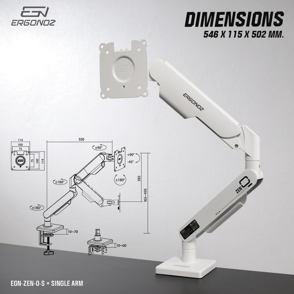 ERGONOZ ZEN-0 Single monitor arm dimensions 546x115x502mm