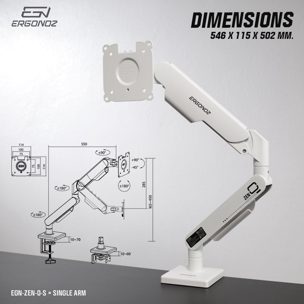 ERGONOZ ZEN-0 Single monitor arm dimensions 546x115x502mm