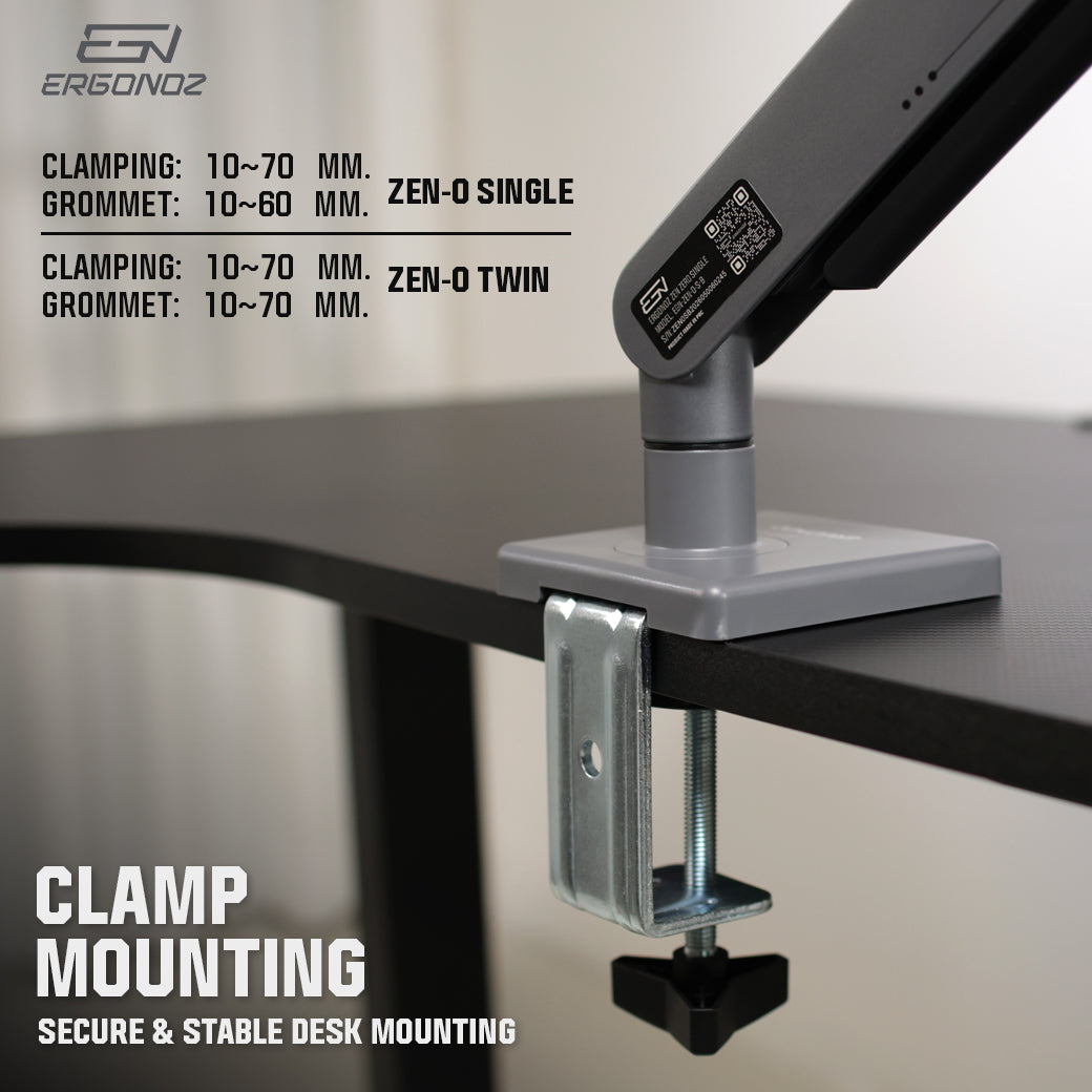 ERGONOZ ZEN-0 clamp mounting, desk thickness 10-70mm clamp and 10-60mm grommet