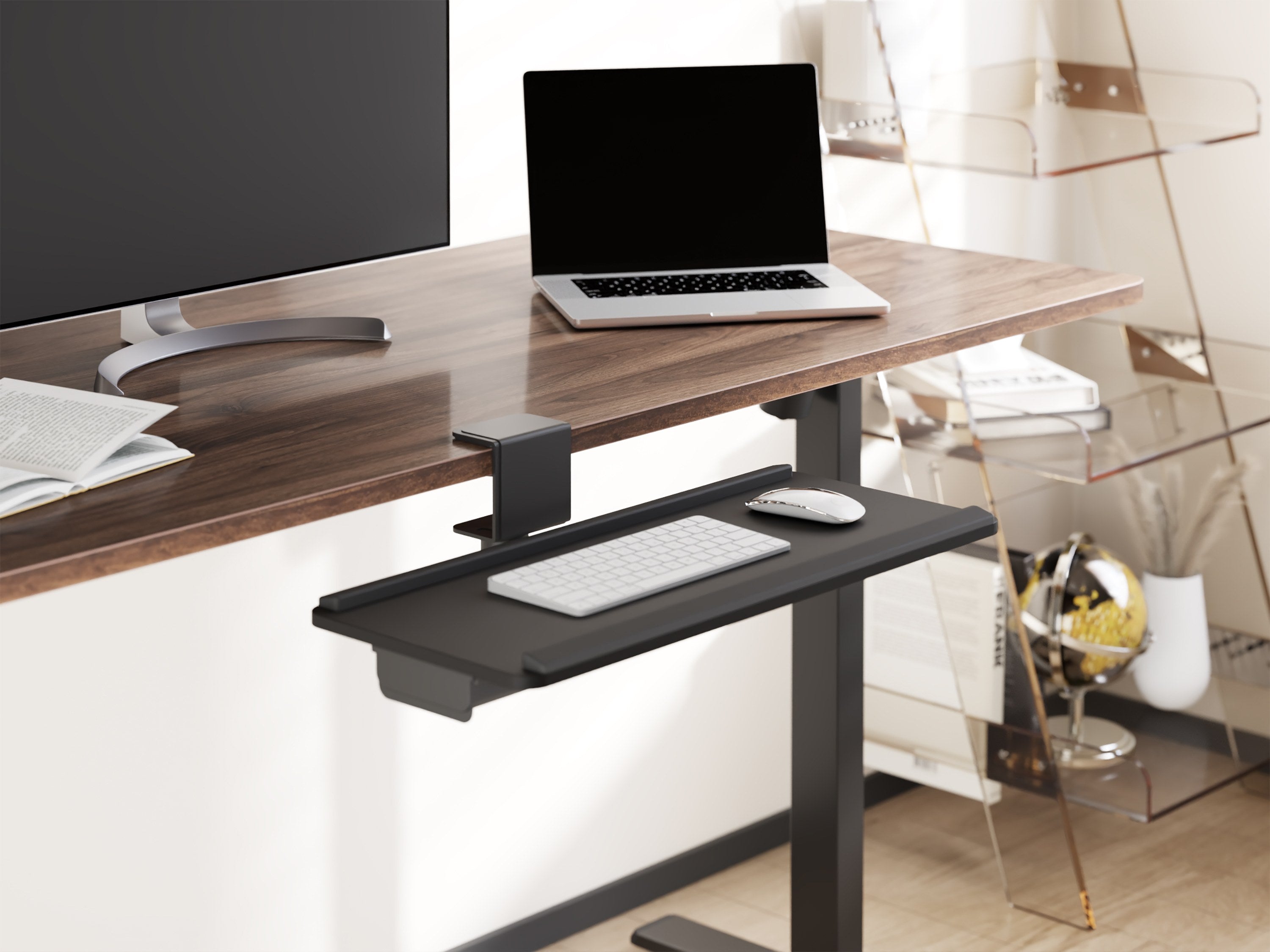 Keyboard tray under a standing desk