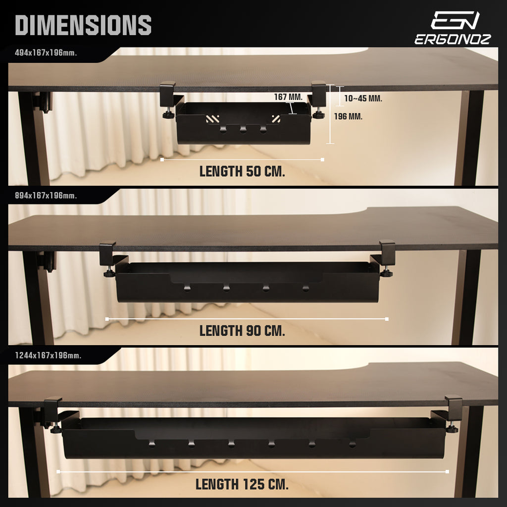 ERGONOZ UDAC-02 dimensions: 50, 90 and 125 cm lengths, desk thickness 10-45 mm