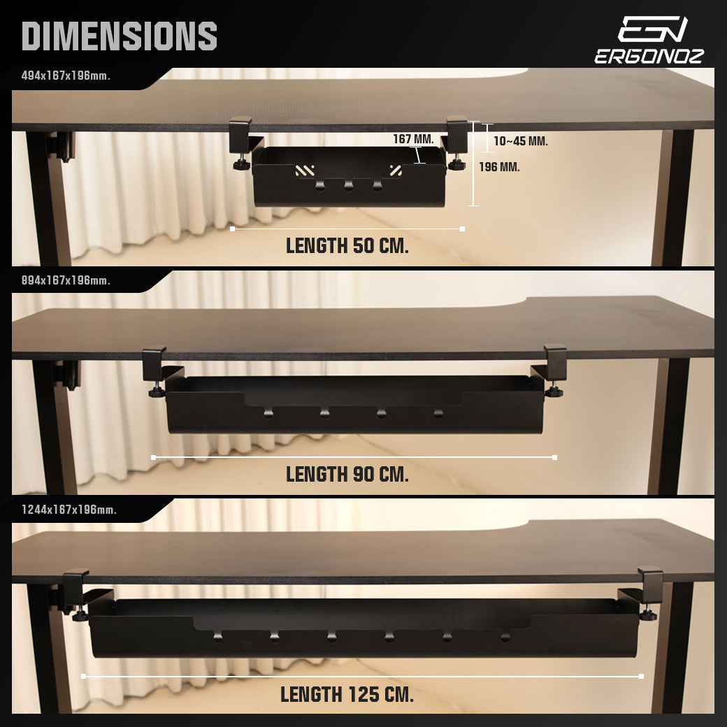ERGONOZ UDAC-02 dimensions: 50, 90 and 125 cm lengths, desk thickness 10-45 mm