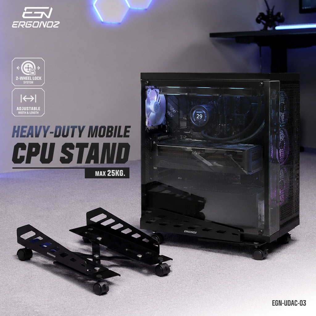 ERGONOZ UDAC-03 heavy-duty mobile CPU stand, max 25 kg, 2-wheel lock, adjustable width and length