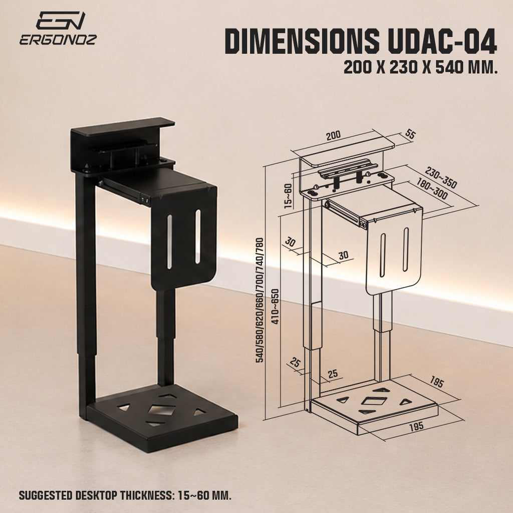 ERGONOZ UDAC-04 dimensions 200x230x540 mm, desk thickness 15-60 mm