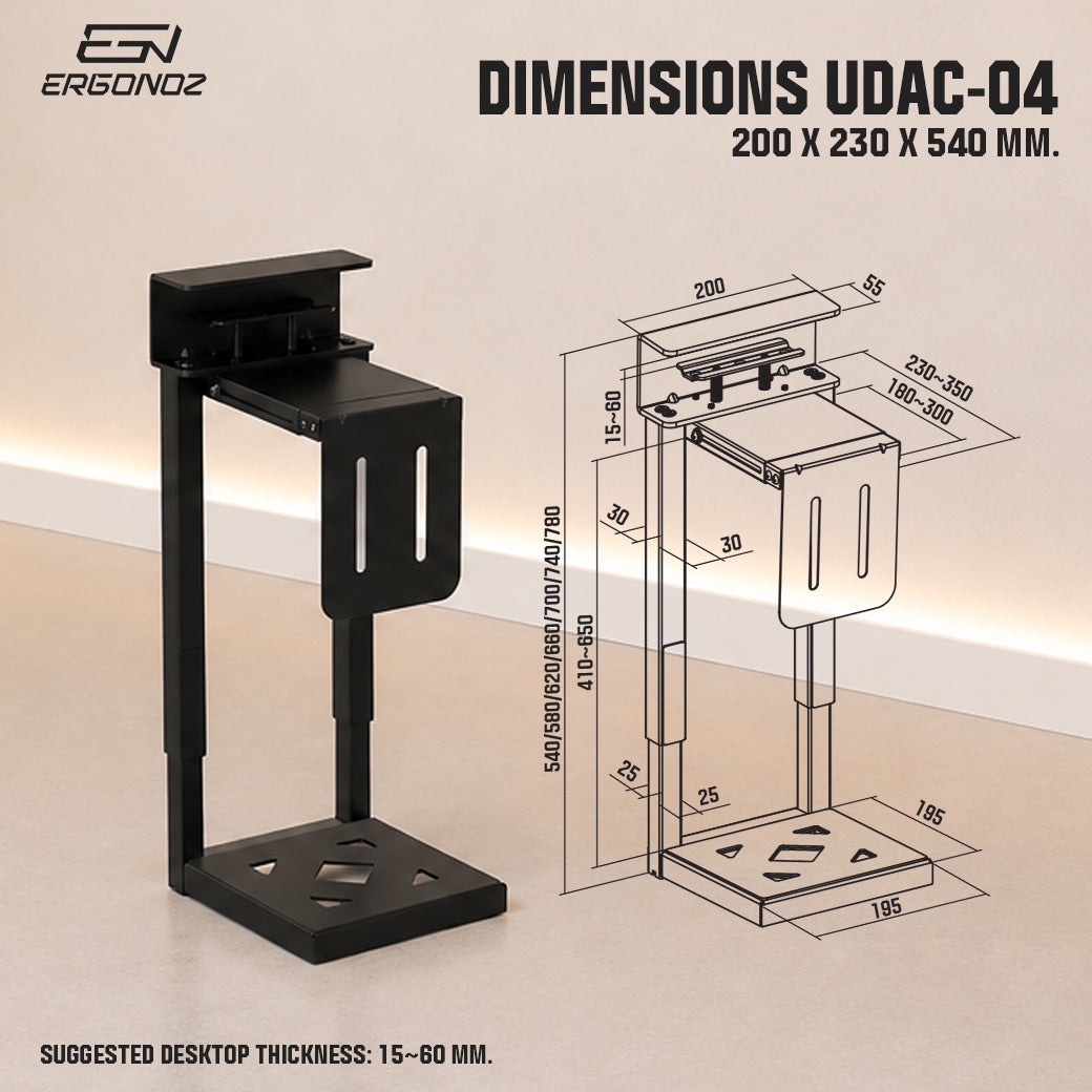 ERGONOZ UDAC-04 dimensions 200x230x540 mm, desk thickness 15-60 mm