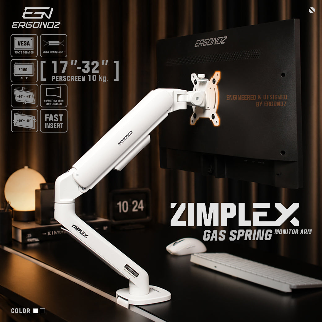 ERGONOZ ZIMPLEX gas spring monitor arm, 17-32 inch, 10 kg per screen, VESA 75x75 100x100, Fast Insert