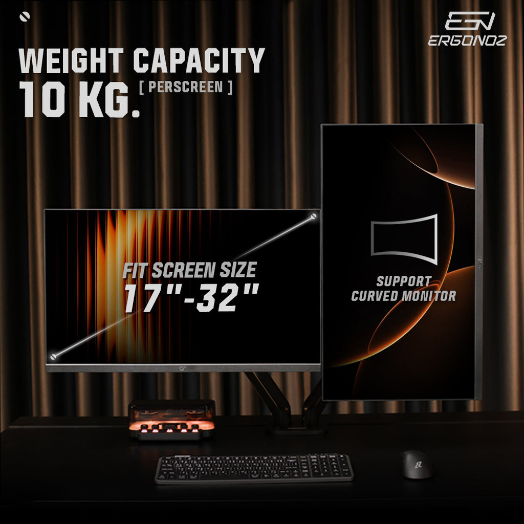 ERGONOZ ZIMPLEX weight capacity 10 kg per screen, fits 17-32 inch, supports curved monitors