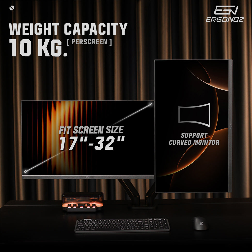 ERGONOZ ZIMPLEX weight capacity 10 kg per screen, fits 17-32 inch, supports curved monitors