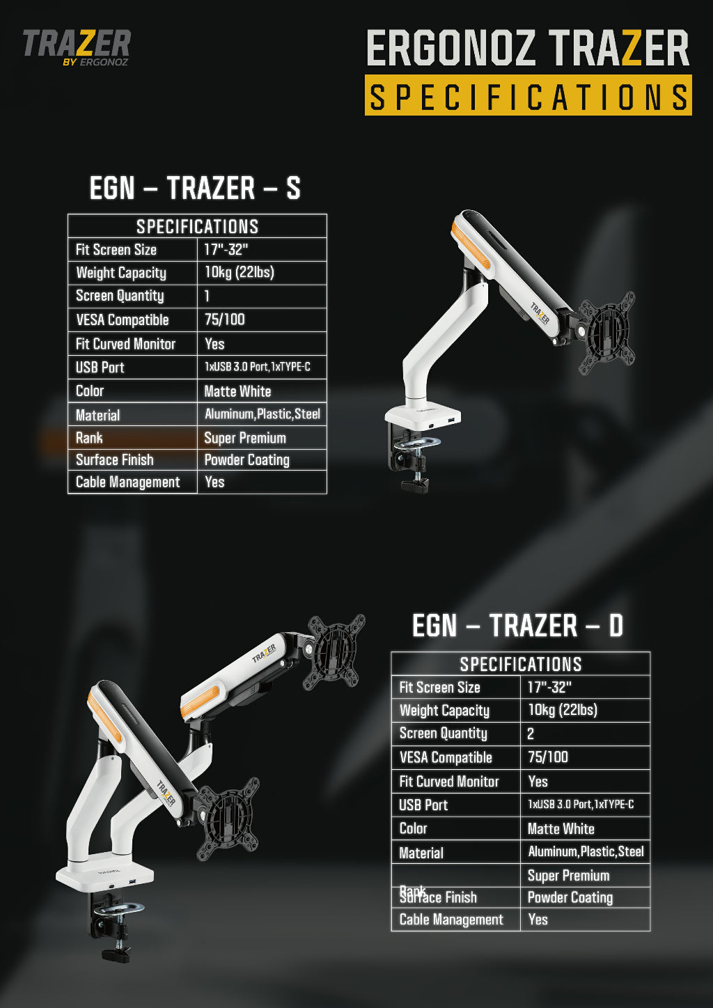ERGONOZ Trazer Twin V2 Monitor Arm