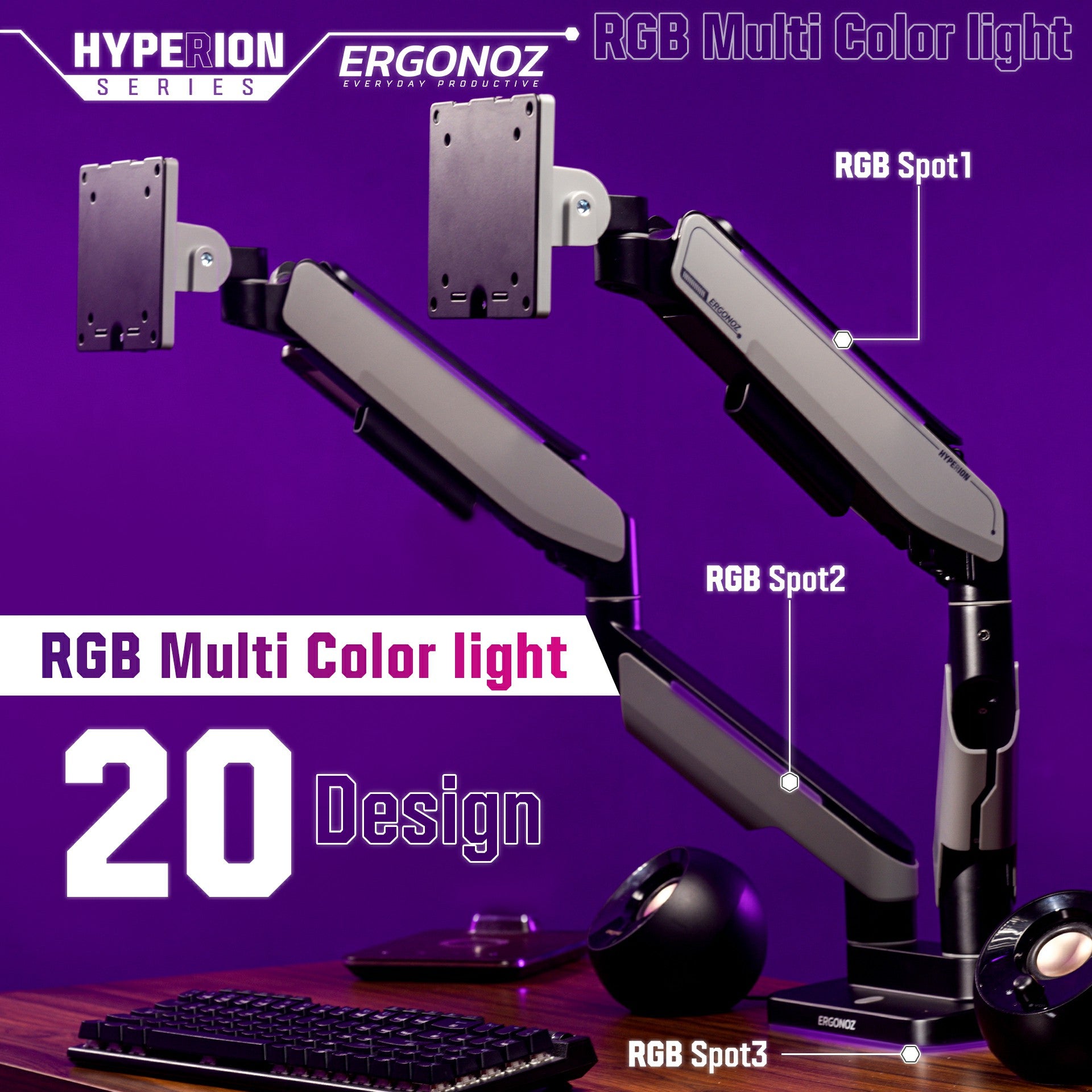 ERGONOZ Hyperion Twin Heavy Duty RGB Monitor Arm
